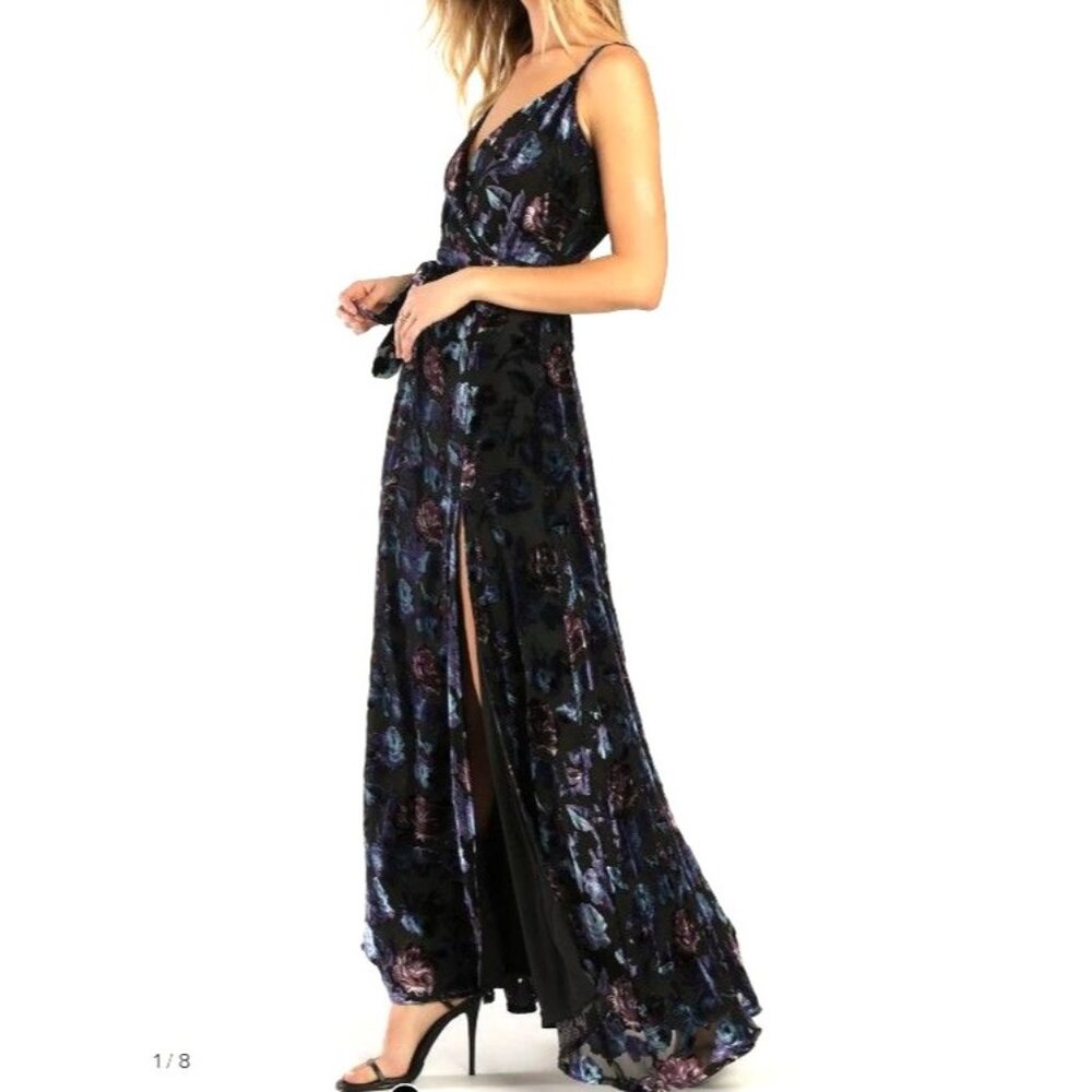 Lulu's Black Velvet Floral Maxi Dress with Blue and Purple Accents